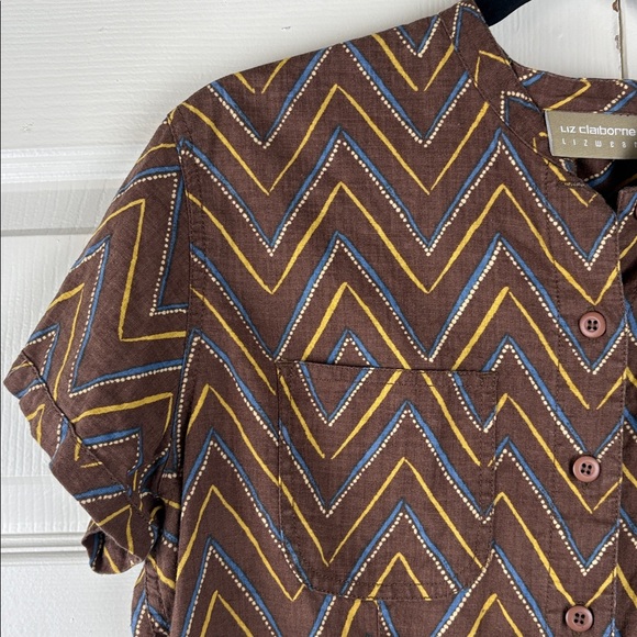 Liz Claiborne Bintage Brown Chevron Linen and cotton Button Down Shirt Size 10 - Picture 3 of 7